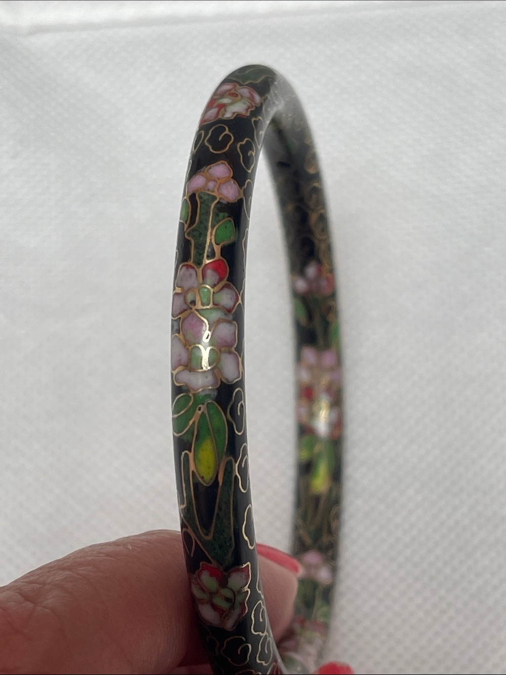 Vintage black Cloisonné bangle bracelet with pink, red and green floral design